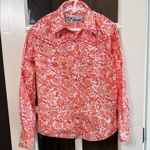 COWGIRL HARDWARE Orange Floral Western Rodeo Crystal Snap Shirt Size M (7/8)